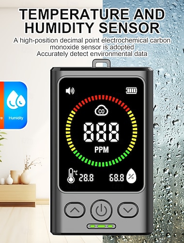  3-in-1 Kohlenmonoxid-Detektor, tragbarer CO-Monitor mit Temperaturanzeige &Feuchtigkeitssensor, präziser digitaler CO-Alarm mit elektrochemischem Sensor, akustische Warnung für Zuhause, Wohnmobil und