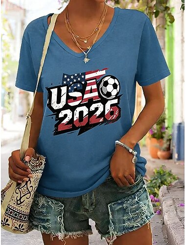  Damen T Shirt Druck Grafik Fussballteam Stilvoll Klassisch Lässig Kurzarm V Ausschnitt Normale Oberteile Täglich Blau Schwarz Weiß Rote Grün Sommer Frühling