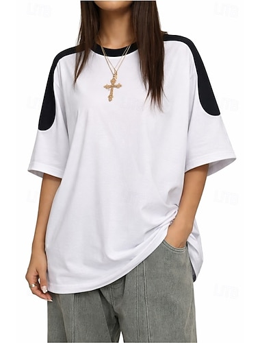  Dam Löst sittande T-shirts Sport T-shirt Färgblock Stylish Ledigt Kortärmad Rund hals Vanliga toppar Dagligen Gym Sport Svart Vit Aprikos Vår