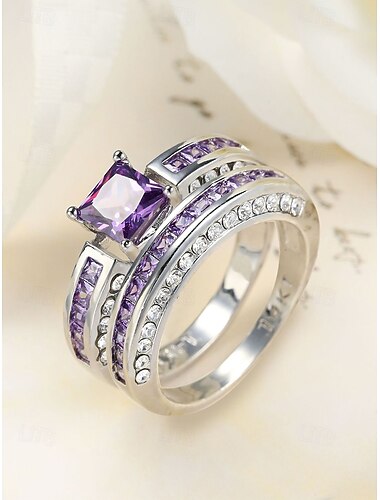  Dámská sada prstenů, měděné s kubickým zirkonem, vícebarevné, elegantní sladěné prsteny na svatby, večírky a formální události, perfektní svatební nebo večerní šperky