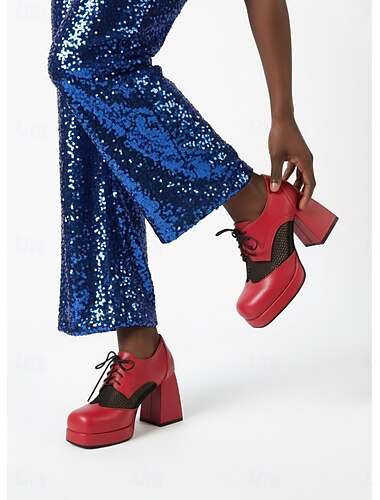  Sandali con plateau da discoteca retrò anni '70 da donna: sandali con plateau stringati rossi con dettagli in rete per feste in discoteca, eventi in discoteca &abiti da palcoscenico glamour