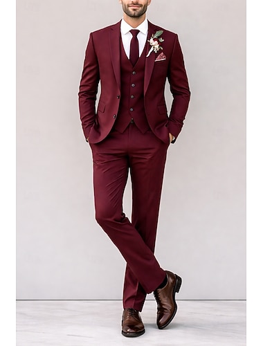  Menn Smokings drakter Strandbryllup Vårbryllup Svart Burgunder Vår sommer Dress Hakkjakkeslag Ensfarget Standard passform 3 deler sett Enkelt Brystet To-knapp