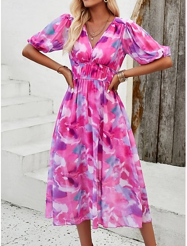  Damen Midikleid Freizeitkleid Chiffonkleid Blumenkleid Elegant Mode Modern Outdoor Urlaub Ausgehen Normale Passform Blumen Kurzarm V Ausschnitt Blau Rote Grün Rosenrot Sommer Frühling