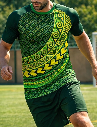  בגדי ריקוד גברים חולצת כדורגל גיאומטרי אזטקים ברזיל חולצות סוודר חולצת טי אתלטית קיץ שרוולים קצרים קזו'אל אתלטי ספנדקס UPF 50 ייבוש מהיר פתילת לחות נושם טוּרנִיר כדורגל אגבי ריצה ג'וגינג אימון ירוק