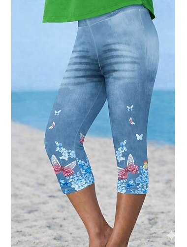  Dame Capri-bukser Leggings Ferie Mote Hawaiisk Capris Medium Midje Blomstret Grafisk Printer Trykt mønster Komfort Myk Pustende Elastisk Avslappet Daglig Feriereise Blå Sommer Vår Slank Fasong