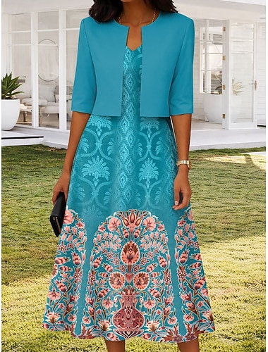  Damen Kleid-Set Midi-Kleid A Linie Kleid Elegant Lässig Grafik Stammes Druck Midikleid Halbarm V Ausschnitt Täglich Blau Purpur Grün Sommer Frühling Normale Passform