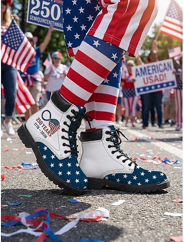  Patriotiske kampstøvler for kvinner – stjerne- og stripedesign med dristig grafikk for parader, 4. juli, USAs 250-årsjubileum og utendørsfeiringer