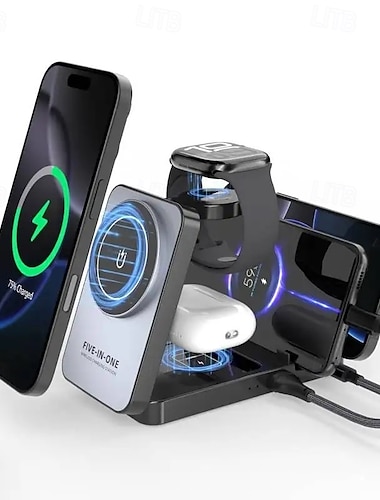  Draadloze oplader voor iPhone 17 16 15 14 13 12 11 x 8, 5-in-1 laadstation voor Apple Watch 10/9/8/7/6/5/4/3/2/SE/Ultra