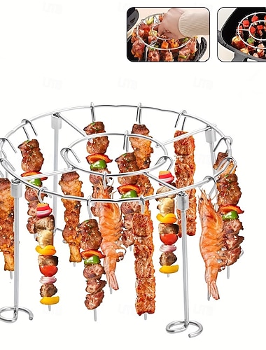  Ruostumattomasta teräksestä valmistettu pystysuora pyöreä ilmafriteerausgrilli, jossa 24 varrasta – kypsentää lihan tasaisesti &vihanneksia, estää palamisen, sopii 3–6 litran ilmakeittimiin,