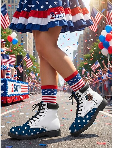  stivali da combattimento patriottici da donna - design a stelle e strisce con girasole per parate, 4 luglio, 250° anniversario degli Stati Uniti e celebrazioni patriottiche