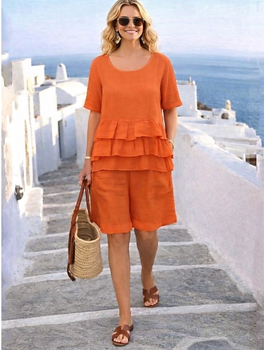  Per donna Set di biancheria in cotone Set di Pantaloncini Manica Corta Girocollo Tinta unica Volant Elegante Moda Streetwear Casuale Quotidiano All'aperto Arancione Estate Vestibilità regolare