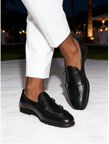  Herresko i svart med krokodillepreget kunstskinn og derbysko med snøring, formelle oxfordsko for feriestedkvelder, luksuriøse feriemiddager, cocktailfester, cruisekvelder og elegant, avslappet kveldsantrekk.