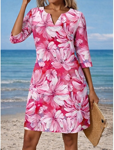  Damen Minikleid Shiftkleid T-Shirt-Kleid Sommerkleid Lässig Täglich Strand Ferien Normale Passform Blumen Grafik Dreiviertelarm V Ausschnitt Blau Rosa Purpur Grün Sommer Frühling