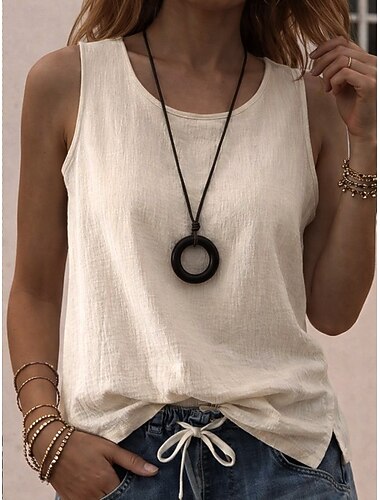  Per donna Finto cotone e lino Semplice Moda Elegante Classico Senza Maniche Manica Corta Girocollo Top Regolari Quotidiano Uscire Weekend Blu Nero Bianco Giallo Rosa Estate Primavera