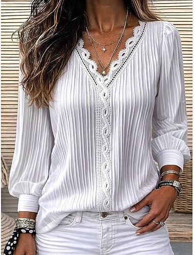  Damen Spitzenbluse Bluse Spitze Patchwork Einfarbig Stilvoll Lässig Langarm V Ausschnitt Normale Oberteile Täglich Blau Schwarz Weiß Gelb Rote Frühling Herbst