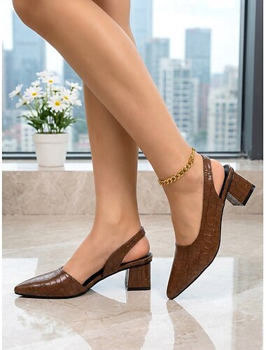  レディース ブラウン クロコダイル型押し スリングバック パンプス - エレガントなポインテッドトゥ ブロックヒール、調節可能なストラップ付き、オフィスワーク、ビジネスカジュアルに最適 &日常のビジネスウェア