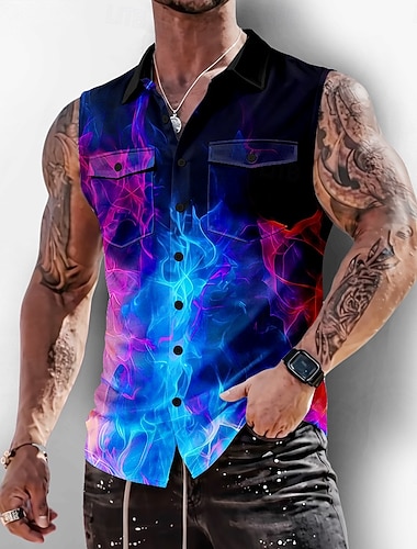  Herren Optische Täuschung Flamme Neonleuchten Hemd Knopfhemd Ärmelloses Shirt Ärmellos Modisch lässig Outdoor Urlaub Sommer Frühling Umlegekragen 3D-Druck Zwei Fronttaschen Schwarz / Violett Schwarz