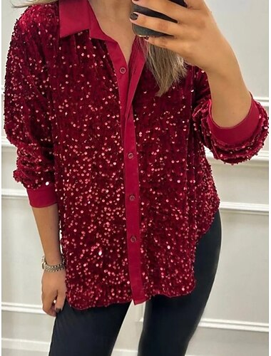  Dame Skjorte Bluse Topper med paljetter Paljetter Lapper Knapper Fargeblokk Årgang Stilfull Langermet Aftæpning Vanlige topper Gateklær Fest Festantrekk Sølv Svart Rød Lilla Grønn Vår Høst