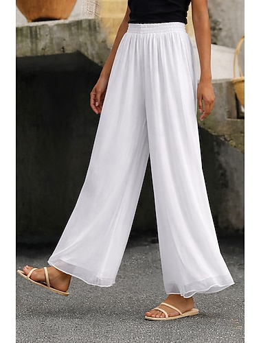  Damen Weites Bein Hosen Hose Urlaub Streetwear Leicht Volle Länge Hohe Taille Einfach Elastischer Bund Hoher Schnitt Atmungsaktivität Bequem Mikroelastisch Outdoor Ferien Alltagskleidung Schwarz Wei