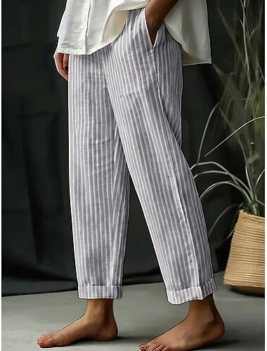  Damen Hose aus Baumwollleinen Sommerhose Strandhose Klassisch Lässig Lang Hohe Taille Gestreift Tasche Drucken Elastisches Kordelzugdesign Atmungsaktivität Weich Mikroelastisch Urlaub Straße
