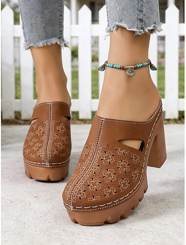  Bruine muiltjes met uitgesneden hak en plateauzool voor dames – zomerse schoenen met dikke hak voor casual gelegenheden, tuinfeestjes en dagelijks gebruik.