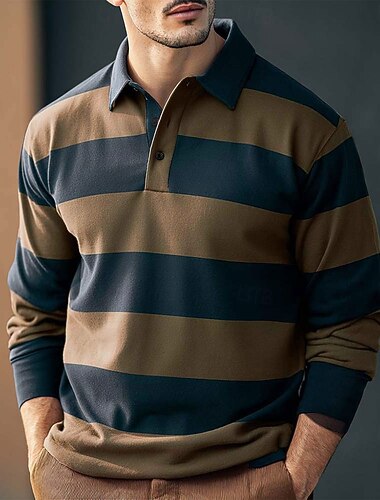  Herre Horisontale strimler Rugby Polo Langærmet Polo skjorter Skjorter med krave Afslappet udendørs Skole atletiktøj 3D-udskrivning Forår Efterår Vinter Brun Grøn militærgrøn