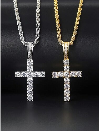  שרשרת תליון צלב לגברים, חומר נחושת וזירקון, צבעי זהב וכסף, עיצוב אופנה מבריק, מושלם לטיולי חופשה, ללבוש יומיומי קז'ואל