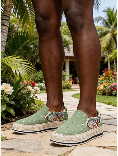  Grønne slip-on loafers i lerret for menn med dekorativt mønster, pustende og lette, ideelle for utendørsaktiviteter, reiser og daglig bruk