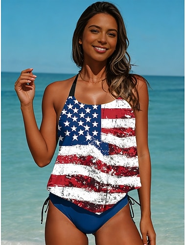  amerikanska självständighetsdagen dambadkläder tankini 2-delad trosa baddräkt rygglös semester strandkläder flagga halterneck ärmlös baddräkt