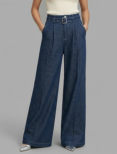  Damen Hose Anzughose Sommerhose Stilvoll Alltagstauglich Volle Länge Hohe Taille Einfach Komfort Unelastisch Täglich Dunkelblau Hellblau Sommer Frühling Herbst Winter Lässiger Schnitt