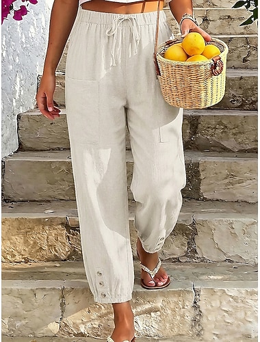  Mulheres Calças de linho de algodão Calça verão Calças Cropped Calças de praia Simples Casual Conforto Mimolet Cintura Média Cor imaculada Bolsos Cintura elástica Respirável Micro-Elástica Diário
