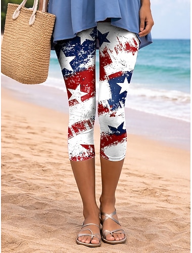  Mulheres chinês Leggings Férias Moda Roupa de rua Capris Cintura AltaPantsDia da Independência Americana Folha Bandeira americana Conforto Macio Confortável Com Stretch Diário Ao ar livre Férias Azul
