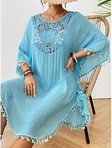  Dames Zwemkleding Bedekken Rashguard Jurken Zwempak Met ruches Uitknippen Vakantie Modieus Effen Kleur Ronde hals Lange mouw Badpakken