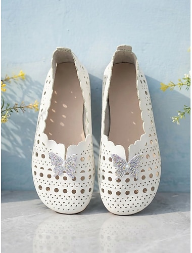  Witte, brede platte damesschoenen met strass-vlinder – zachte, ademende, open loafers voor casual, reizen en dagelijks gebruik.