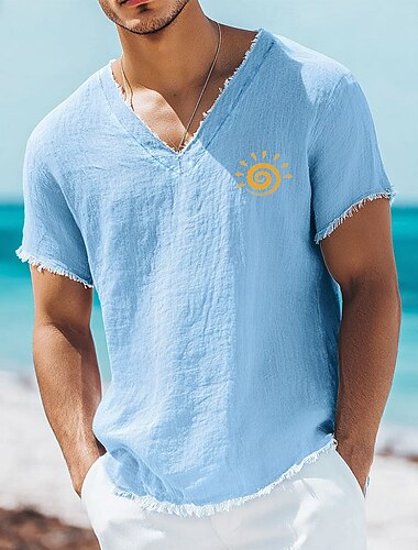  T-shirt homme en lin et coton mélangés, imprimé tribal soleil en spirale, col V, bords francs, style décontracté et tendance, tailles S à 3XL