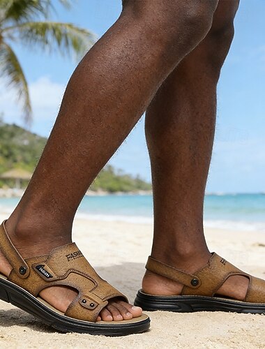 Heren zomersandalen met verstelbare bandjes in een beige kleur – zacht leer, lichtgewicht, casual, perfect voor strand, buitenactiviteiten en dagelijks gebruik.