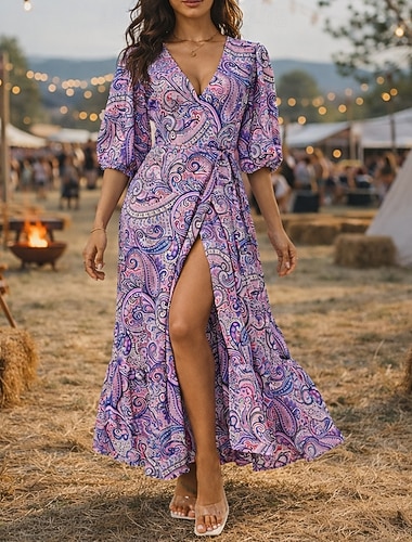  Bohème Rétro Vintage Boho Longueur au sol Robe Paisley Bohème Col en V Déguisement Femmes Mascarade Festival de Musique Soirée à thème rétro Adulte Robe Été