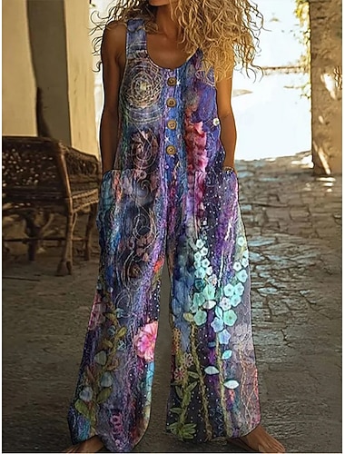  Mujer Mono Activo Floral Sin Mangas Sin Mangas Perneras anchas Escote en U Bolsillo Botones Diario Vacaciones Holgado Morado Verano