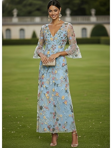  A-linje Kjoler Gulvlengde Blonde kjole Festkjole Cocktail Kjole Kjole til brudens mor Halvlange ermer V-hals Elegant Årgang Luksuriøs Formell Bryllupsgjest Kentucky Derby Chiffon Tyll med