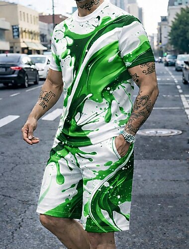  Herre Grafisk 2stk T-skjorter sett Sommertopper Kortermet Korte bukser Crew-hals Sport Fritid trendy Feriereise Ut på byen 3D-utskrift Sommer Blå Lilla Grønn