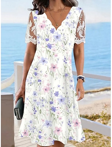  Damen-Midikleid mit Blumenmuster und gewelltem Halsausschnitt und Spitzenärmeln, für den Alltag, Urlaub, kurze Ärmel, Sommer, Frühling