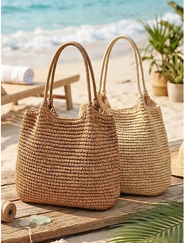  Stor vevd toteveske for kvinner, heklet materiale, tilgjengelig i off-white og khaki, romslig design, perfekt for hverdagsbruk og strandferie