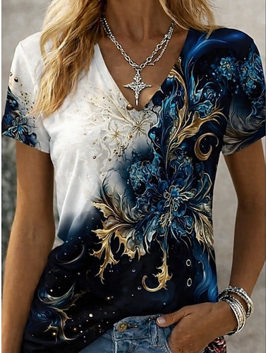  Dame T skjorte Trykt mønster Grafisk Planter Fargegradering Årgang Stilfull Klassisk Kortermet V-hals Vanlige topper Daglig Blå Svart og Hvit Hvit / Blå Sommer Vår