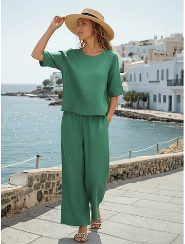  Per donna Set di biancheria in cotone Set di Pantaloni Mezza Manica Girocollo Semplice Arricciato Attivo Streetwear Quotidiano All'aperto Vacanza Nero Bianco Verde militare Estate Vestibilità comoda