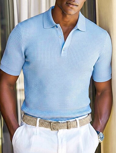  Homme Chemises Polo Gaufre Texturé Occasionnel Affaires Revers Col Polo Côtelé Manche Courte Mode Basique Uni Texturé Boutons Flexible Été Printemps Coupe régulière Blanche Jaune Rouge Bordeaux Vert