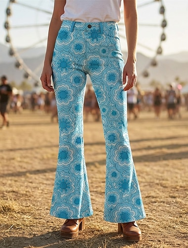  Rétro Vintage Boho Années 1970 Pantalon Pantalons à pattes d'éléphant Hippie Disco Taille haute Fleuri Déguisement Femmes Halloween Carnaval Festival de Musique Soirée à thème rétro Adulte Pantalon