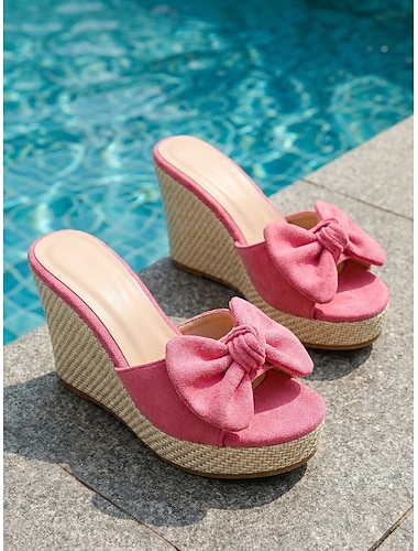  Sandales compensées chics en daim rose pour femmes - sandales à plateforme confortables ornées d'un grand nœud, idéales pour les piscines d'hôtels de luxe et les stations balnéaires. &vacances d'été