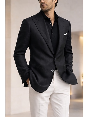  Homme Blazer en lin Manteau de sport Col de fermeture Mode Occasionnel Couleur Unie Noir Coupe sur mesure à boutonnage simple à 2 boutons