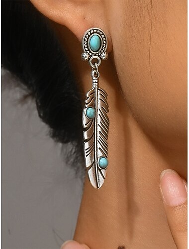  Boho oorbellen voor dames met turquoise bladmotief van legering, vintage western oorbellen met veren, perfect voor casual gelegenheden, reizen, vakanties en resorts.