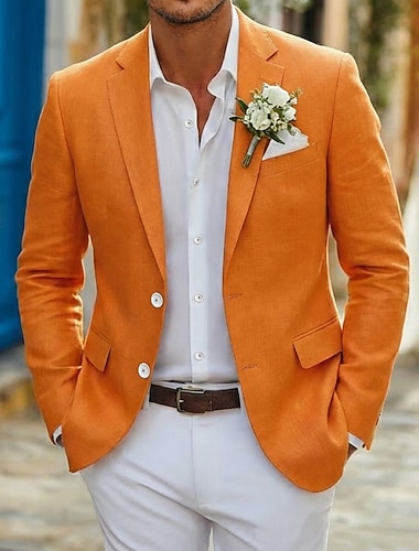  Blazer en lin pour homme – veste légère et cintrée, idéale pour les mariages d'été et les tenues décontractées, fermeture à simple boutonnage, revers cranté, tissu respirant, orange brûlé